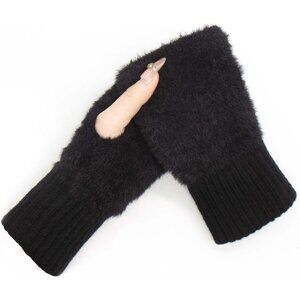 Women's Furry Knit Black Fingerless Half Finger Long Keeper Wrist Mitten Gloves